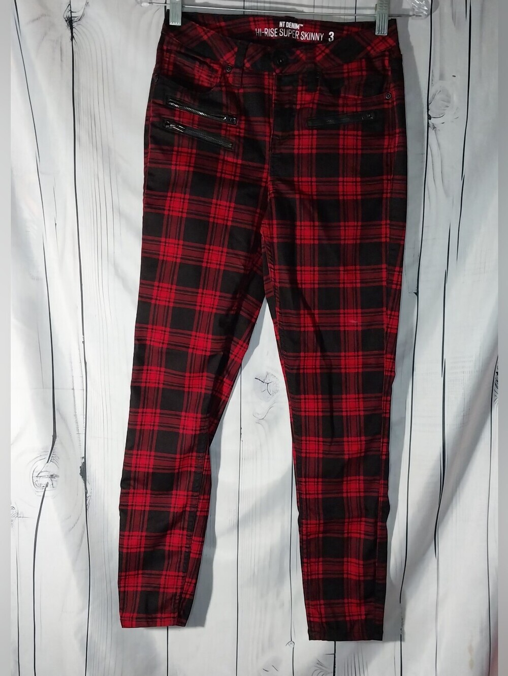 Hot Topic Black And Red Plaid Hi-Rise Punk Grunge Emo 90’s Super Skinny Jeans